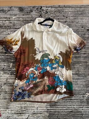 Men's Avant Garde Shirt - Smurfs Button Down Cream and Brown L